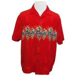 C-Two Red Hawaiian Shirt Mens Large Short Sleeve Dragon Aloha Button Front Shirt
